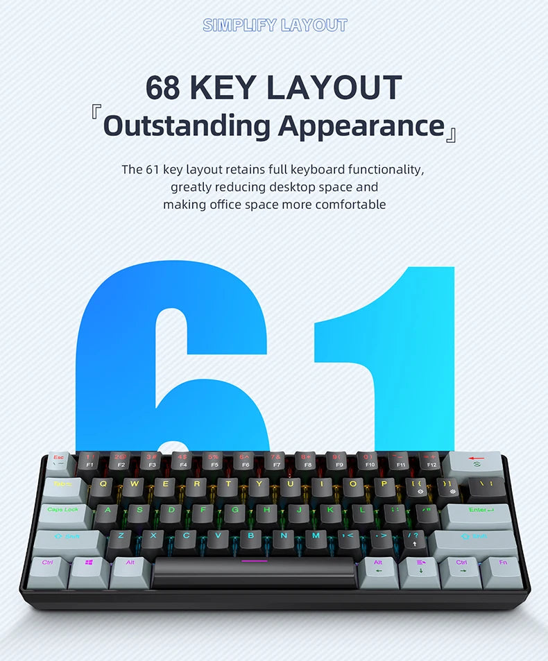 K61 Wired Portable Mechanical Keyboard, Phantom RGB Colorful, Gaming-grade Response, Ergonomic Design, Gaming Office Usable