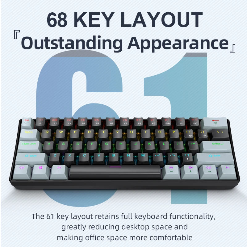K61 Wired Portable Mechanical Keyboard, Phantom RGB Colorful, Gaming-grade Response, Ergonomic Design, Gaming Office Usable
