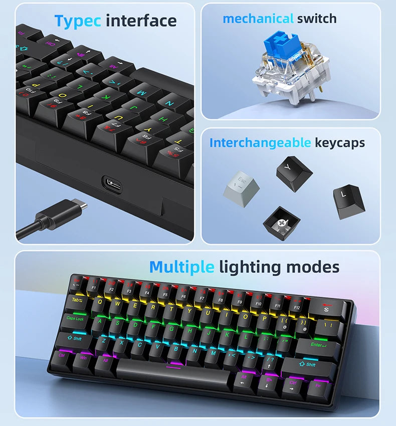 K61 Wired Portable Mechanical Keyboard, Phantom RGB Colorful, Gaming-grade Response, Ergonomic Design, Gaming Office Usable