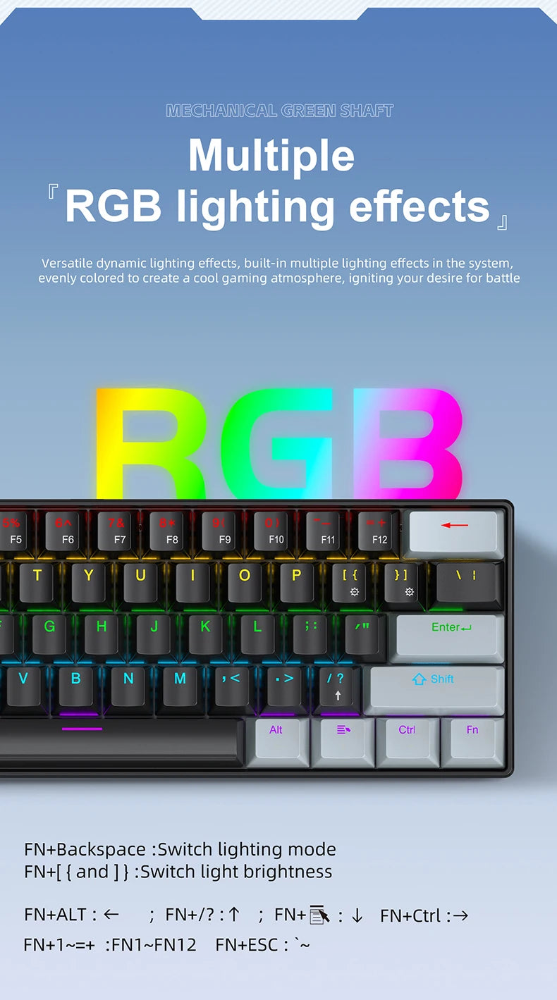 K61 Wired Portable Mechanical Keyboard, Phantom RGB Colorful, Gaming-grade Response, Ergonomic Design, Gaming Office Usable
