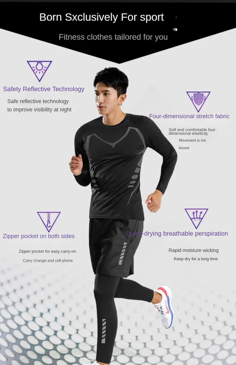 3-7Pcs Men's Ice Fiber Quick-Dry Running Fitness Full Set/Suit Tracksuit For Marathon, Training Cycling，Jogging,Gym， sweatpants